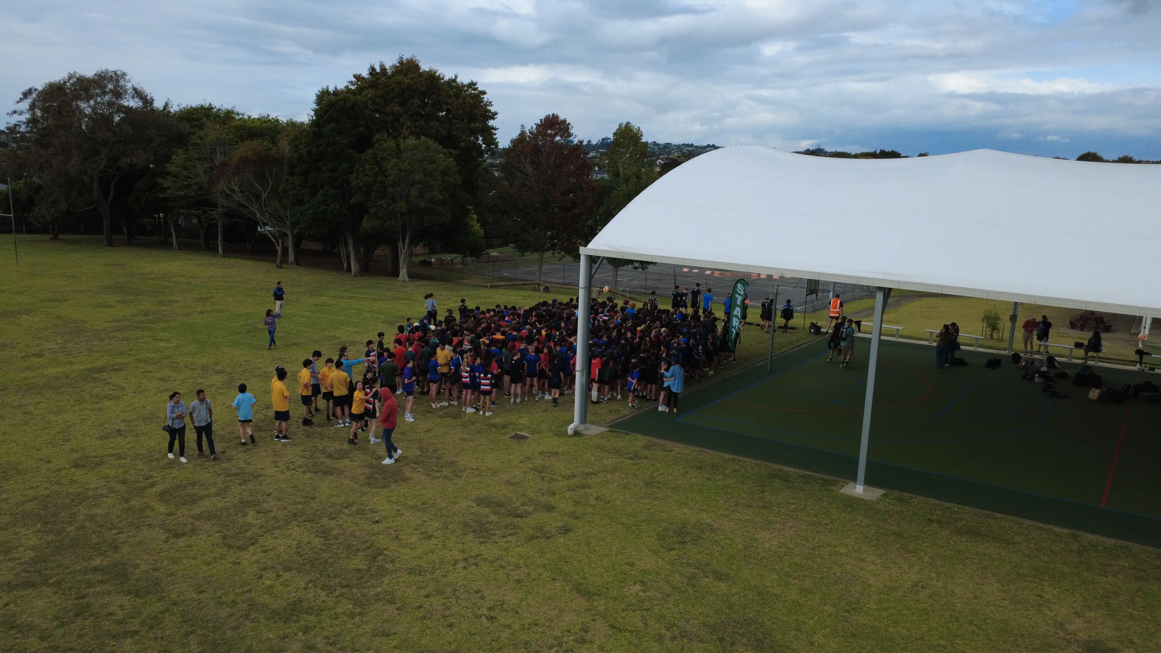 Aerial view of a schools orienteering event in full flight